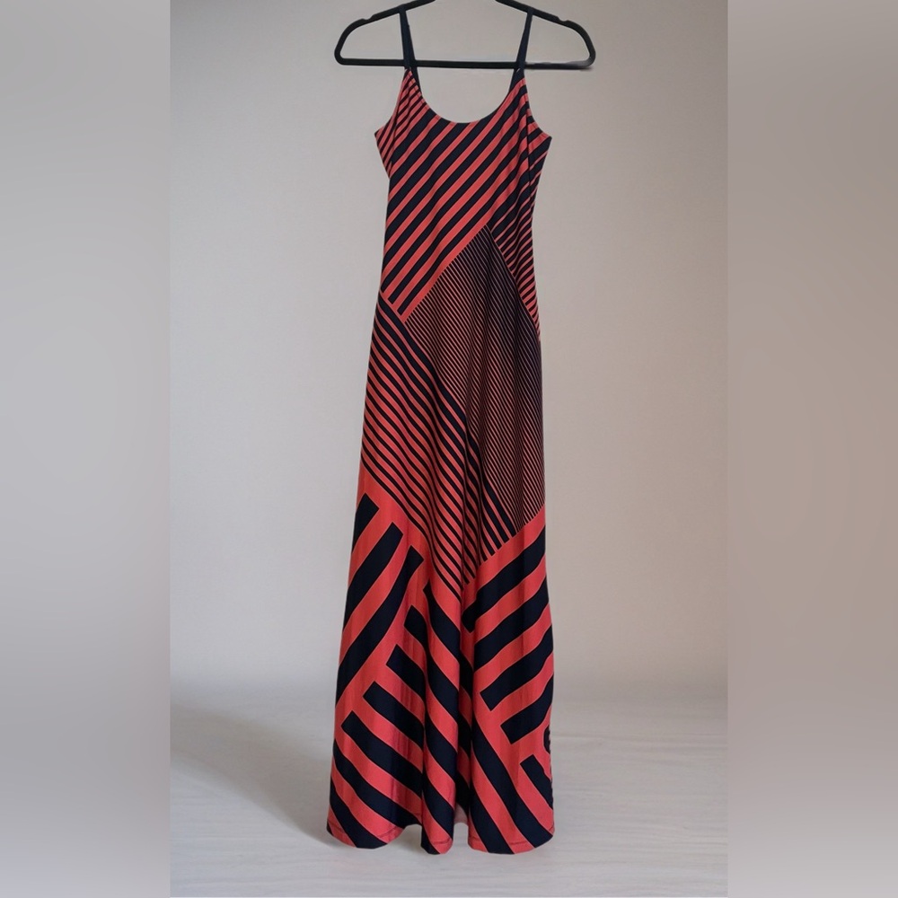 💄 Bailey Blue Maxi Dress~Women’s S~Pink/Red w/ Navy Stripes~Spaghetti Straps